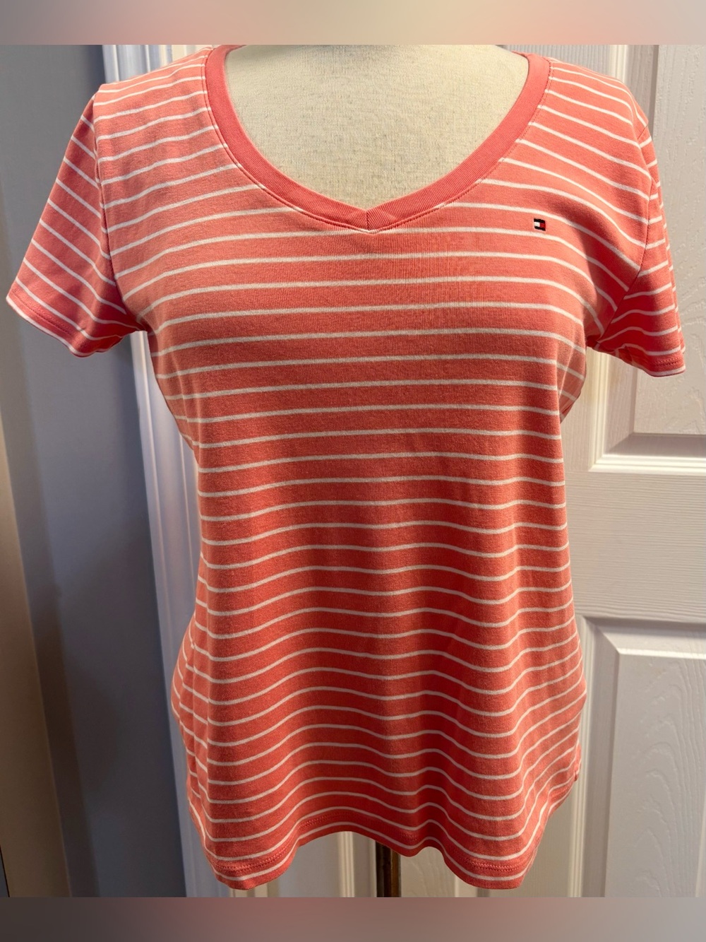 Tommy Hilfiger Coral and White Striped V-Neck Short Sleeve Tee